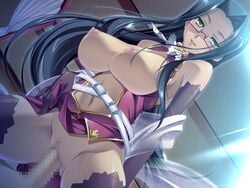 bare_shoulders black_hair breasts breasts_out censored cowgirl_position dark_skin elbow_gloves from_below glasses gloves green_eyes hongou_kazuto koihime†_(series) koihime_musou large_breasts long_hair looking_at_viewer penis sex shuuyu_koukin_(koihime) thighhighs vaginal_penetration