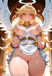 1girl ahoge ai_generated angel angel_wings armlet bare_shoulders blonde_hair blue_eyes blurry blurry_background blush bracelet breasts breasts_out carminroux cleft_of_venus clothes_between_breasts clothes_lift cowboy_shot dress dress_lift feathered_wings grin hair_between_eyes halo heart jewelry large_breasts lifted_by_self long_hair looking_at_viewer medium_breasts nipples no_panties panty_&_stocking_with_garterbelt panty_(psg) panty_anarchy parted_lips patreon_username pussy see-through smile solo sweat thick_thighs thighs uncensored wet white_dress wings