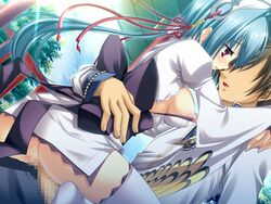 ass blue_hair censored chou&#039;un_shiryuu clothed_sex cowgirl_position hongou_kazuto hug koihime&dagger;_(series) koihime_musou nipple_slip nipples penis purple_eyes sex thighhighs white_legwear white_thighhighs