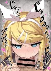 1boy 1girls blonde_hair blowjob blue_eyes blush fellatio female kagamine_rin looking_at_viewer male oral penis pov vocaloid yuu_(user_yefs7237)