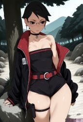 1girl ai_generated bare_shoulders belt black_choker black_eyes black_hair black_jacket black_shorts boruto boruto:_naruto_next_generations boruto:_two_blue_vortex breasts choker closed_mouth collarbone cowboy_shot day earrings forest glasses holster jacket jewelry long_sleeves naruto naruto_(series) naruto_shippuden nature off_shoulder open_clothes open_jacket outdoors red_belt reviaiart rimless_eyewear rock round_eyewear sarada_uchiha short_hair short_shorts shorts skindentation small_breasts solo strapless thick_thighs thigh_holster thigh_strap thighs tree