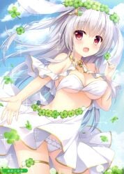 1girl ameto_yuki ass_visible_through_thighs blush breasts bunny_ears clover clover_hair_ornament frilled_dress frilled_skirt frills hair_ornament highres large_breasts original panties rabbit_ears rabbit_girl skirt_lift small_but_busty thigh_strap underwear white_hair