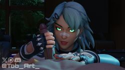 3d 3d_(artwork) alternate_version alternate_version_available bandage bandage_on_nose big_penis clothed clothed_female clothing completely_nude completely_nude_male cyan_hair cyan_hair_female dark_room earings era_(fortnite) facepaint fingerless_gloves fortnite fully_clothed fully_clothed_female glowing_eyes hair hair_ornament hand_on_chest handjob laying_down laying_on_back looking_at_penis mouth_open nude nude_male open_mouth penis pov pov_eye_contact pov_male short_hair short_hair_female tob_art_ watermark