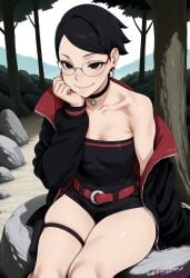 1girl ai_generated bare_shoulders belt black_choker black_eyes black_hair black_jacket black_shorts boruto boruto:_naruto_next_generations boruto:_two_blue_vortex breasts choker cleavage closed_mouth collarbone day earrings forest glasses hand_on_own_cheek hand_on_own_face head_rest jacket jewelry long_sleeves looking_at_viewer naruto naruto_(series) naruto_shippuden nature off_shoulder open_clothes open_jacket outdoors red_belt reviaiart rock round_eyewear sarada_uchiha short_hair short_shorts shorts sitting skindentation small_breasts smile solo strapless swept_bangs thigh_strap thighs tree