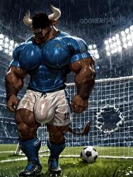 1boy ai_art ai_generated anthro ball_bulge bara big_muscles bovid bovine brown_body brown_fur bulge bull cattle chest_tuft cleats cow_tail footwear fur furry gay goonerism grass horn horns huge_bulge lights muscular muscular_male patreon penis penis_bulge rain see-through self_upload shirt shoes shorts soccer soccer_uniform socks solo stadium watermark wet wet_clothes yaoi