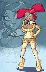 bimbo bimbofication breasts cleavage cybertronian dark-skinned_female elbow_gloves fingerless_gloves high_heels huge_breasts human hybrid indian_female lipstick platform_heels red_hair sandybelldf sari_sumdac thighhighs transformers transformers_animated twintails wedge_heels