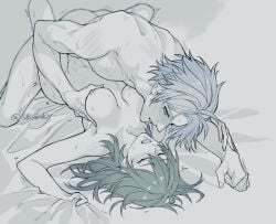 1boy 1girl artist_name blue_eyes breasts closed_eyes commentary_request completely_nude greyscale hetero honkai:_star_rail honkai_(series) lower_teeth_only lying medium_breasts medium_hair missionary moaning monochrome nipples nude on_back phainon_(honkai:_star_rail) sb_(sbixinsky) short_hair spot_color stelle_(honkai:_star_rail) sweat teeth tongue trailblazer_(honkai:_star_rail) twitter_username watermark