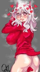 1girls ass big_breasts blush breasts female heart-shaped_pupils helltaker jiete large_breasts looking_at_viewer modeus_(helltaker) tail white_hair