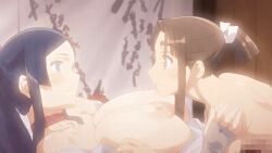 10s 1boy 1girl 1girls 2019 age_difference animated animated_gif bare_shoulders blue_hair blunt_ends blush bouncing_breasts breast_sucking breasts brown_hair censored choker cleavage female fingerless_gloves frilled_kimono frills furisode gloves green_eyes han'eri heian high_ponytail japanese_clothes kimono large_breasts looking_at_another lying monk nipples older_female_and_younger_male on_back open_mouth parted_bangs ponytail purple_eyes shaga shakujou shikkoku_no_shaga shikkoku_no_shaga_the_animation short_kimono sidelocks sweat tagme tall_female ushiwaka_(shikkoku_no_shaga) very_long_hair warrior white_kimono wide_sleeves