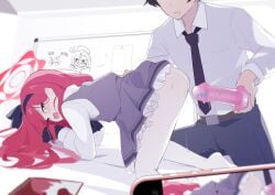 1boy 1girl absurdres all_fours ascot ass black_ascot black_gloves black_hairband black_necktie black_pants blue_archive blurry blurry_foreground cellphone commentary_request dildo dress gloves grey_dress hairband halo highres holding holding_sex_toy necktie pants pantyhose phone pinafore_dress red_hair sensei_(blue_archive) sex_toy shirt sleeveless sleeveless_dress smartphone suwakana takane_(blue_archive) thighs torn_clothes torn_pantyhose white_pantyhose white_shirt whiteboard yellow_eyes
