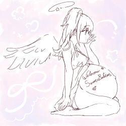 angel angel_wings canon_genderswap female female_only genderswap_(mtf) gintama halo huge_belly long_hair medium_breasts monochrome nipple_bulge nipples_visible_through_clothing okita_sougo okita_souko ponytail pregnant pregnant_with_multiples ready_to_pop rule_63 shirogu side_ponytail side_view sitting sketch solo wings