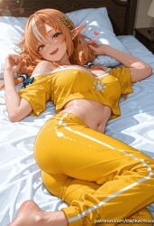 1girl ai_generated artist_name ass bare_shoulders barefoot blonde_hair blush breasts cleavage covered_nipples crop_top d dark-skinned_female dark_skin elf feet female female_only foot_out_of_frame green_eyes hair_ornament head_on_pillow heart hololive kermixx large_breasts long_hair looking_at_viewer low_twintails lying medium_breasts midriff multicolored_hair navel off-shoulder_shirt off_shoulder on_bed on_side open_mouth pajamas pants patreon_username paw_print pillow pointy_ears shiranui_flare shirt short_sleeves smile solo stomach streaked_hair sweat teeth thighs twintails upper_teeth_only very_sweaty virtual_youtuber white_hair yellow_pants yellow_shirt