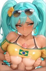 1boy 1girl ai_generated aqua_eyes aqua_hair aqua_nails areola_slip artist_name bangs bare_shoulders bikini_tan blush bra_strap brazilian_miku breasts breasts_squeezed_together closed_mouth collarbone earrings explicit eyewear_on_head flower hair_flower hair_ornament hatsune_miku hetero jewelry large_breasts long_hair nail_polish nuageeart off-shoulder_shirt off_shoulder paizuri paizuri_under_clothes penis shirt short_sleeves simple_background solo_focus sunglasses sweat tan tanlines twintails uncensored underboob upper_body veins veiny_penis vocaloid white_background yellow_shirt
