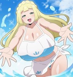 2026 big_breasts blonde_hair cleavage green_eyes hitokiwa_kenchin huge_breasts lillie_(pokemon) looking_at_viewer pokemon pokemon_sm swimsuit tagme
