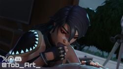 3d 3d_(artwork) alternate_version_available bandage bandage_on_nose big_penis black_hair black_hair_female blowjob clothed clothed_female clothing completely_nude completely_nude_female continuation era_(fortnite) facepaint fingerless_gloves fortnite fully_clothed fully_clothed_female gloves hair_between_eyes hand_on_chest handjob handjob_while_sucking laying_down laying_on_back long_hair long_hair_female looking_down nude nude_male oral oral_penetration oral_sex penis shoulder_pad tob_art_ watermark