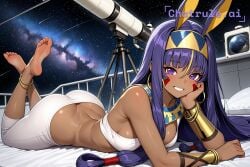 1girl ai_assisted ai_generated animal_ears anklet bare_shoulders barefeet bedroom bracelet bracer cleavage cowboy_shot curvy_body dark_skinned_female detailed_feet earrings eyes_half_closed facial_mark feet_up from_above grin hair_between_eyes hairband hoop_earrings jewelry long_hair looking_at_viewer narrow_waist navel nitocris_(fate) petite prone_position purple_eyes purple_hair revealing_clothes roof round_ass sidelocks small_breasts soft_breasts solo space stars telescope the_pose tired wide_hips