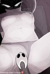 1girl breasts bug bug_girl censor censored hollow_knight hollow_knight:_silksong hollow_knight_(franchise) insect insect_girl lace_(hollow_knight) lace_(hollow_knight:_silksong) pussy pussy_juice shirt_lift shirt_up solo solo_female team_cherry vyluna_ white_body