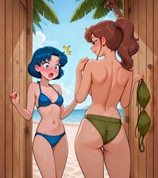 2girls ai_generated ami_mizuno backboob beach bikini bikini_top_removed bishoujo_senshi_sailor_moon blue_eyes blue_hair breast_awe brown_hair changing_booth earrings from_behind green_eyes height_difference makoto_kino palm_tree ponytail psul seductive_look self_upload sky stable_diffusion surprised surprised_expression yuri