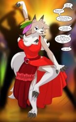 anthro anthro_female blue_eyes blue_eyes_female dancer dancer_girl dancer_outfit lycanroc lycanroc_(midday) offscreen_character offscreen_character_speaking pokemon pokemon_(species) pokemon_sm red_dress rock_type