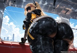 1girl ai_assisted ai_generated ass ass_focus black_gloves blindfold blonde_hair bodysuit breasts cloud curvaceous curvy curvy_female curvy_figure day female from_below gloves hair_ornament jacket long_hair looking_back miyuai sky solo sunglasses thick thick_ass thick_butt thick_hips thick_legs thick_thighs thighs trigger_(zenless_zone_zero) twintails voluptuous voluptuous_female weapon wide_hips wide_thighs zenless_zone_zero