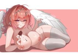 1girl absurdres breasts commentary_request food hair_intakes highres holding holding_food holding_ice_cream ice_cream large_breasts looking_at_viewer lying medium_hair nipples on_side pink_background pink_hair purple_eyes pussy remielle_dan ru_xun_he_yu!! solo swimsuit thighhighs white_thighhighs wings zenless_zone_zero