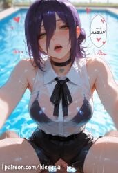 1boy 1girls ai_generated ass ass_focus ass_grab big_ass big_breasts blush breast_grab breasts chainsaw_man clothes clothing cute cute_face exposed_breasts female female_focus female_on_top green_eyes large_ass large_breasts light-skinned_female light_skin long_hair looking_at_viewer nipples open_mouth penis penis_in_pussy pink_nipples purple_hair pussy reze_(chainsaw_man) sexy sexy_body sexy_female younger_female