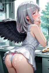 1girl ai_assisted ai_generated big_butt black_boots black_wings cowboy_shot determined feathered_wings forest from_behind full_body goblin_no_suana gray_hair hands_on_own_cheeks indoors laboratory looking_at_viewer looking_away moaning multicolored_hair nervous open_mouth pink_eyes profile sayuki short_dress showing_butt shy sleeveless sleeveless_dress standing star_shaped_pupils star_symbol symbol_shaped_pupils teary_eyes white_dress white_panties wings