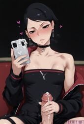 1boy 1girl ai_generated bare_shoulders black_choker black_eyes black_hair black_shorts blush boruto boruto:_naruto_next_generations boruto:_two_blue_vortex breasts cellphone choker collarbone cum cum_on_body cum_on_clothes cum_on_penis earrings erection handjob heart hetero holding holding_phone jacket jewelry looking_at_viewer naruto naruto_(series) naruto_shippuden off_shoulder open_clothes open_jacket penis phone pov reviaiart sarada_uchiha selfie short_hair short_shorts shorts sitting small_breasts smartphone solo_focus strapless sweat thigh_strap tube_top uncensored veins veiny_penis