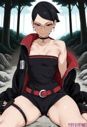 1girl ai_generated bare_shoulders belt black_choker black_eyes black_hair black_jacket black_shorts boruto boruto:_naruto_next_generations boruto:_two_blue_vortex breasts cameltoe choker cleavage closed_mouth collarbone earrings forest glasses jacket jewelry looking_at_viewer naruto naruto_(series) naruto_shippuden nature off_shoulder open_clothes open_jacket outdoors red_belt reviaiart rimless_eyewear rock round_eyewear sarada_uchiha short_hair short_shorts shorts sitting small_breasts smile solo strapless thigh_strap thighs tree wariza