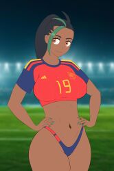 big_breasts brown_skin crop_top curvy_figure dark-skinned_female dark_hair fifa football football_field football_uniform green_hair green_nails green_streaks hourglass_figure human_female iriserretxiv nemona_(pokemon) orange_eyes pokemon pokemon_sv spain teenage_girl thick_thighs thong world_cup