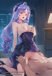 1boy 1girl 2026 ahoge ai_generated black_footwear blush breasts censored clothed_female_nude_male clothed_sex clothes_lift clothes_pull cocomiyart collarbone cowgirl_position dress dress_pull drill_hair evening_gown girl_on_top grabbing grabbing_own_breast heart hetero high_heels highres indoors lamp large_breasts long_hair medium_breasts mosaic_censoring motion_lines multicolored_hair nail_polish night nipples no_panties nsfw nude open_mouth penis pointy_ears purple_dress purple_hair pussy red_eyes sex sidelocks solo_focus straddling streaked_hair trembling two-tone_hair uncensored vaginal very_long_hair vivian_(zenless_zone_zero) white_hair zenless_zone_zero