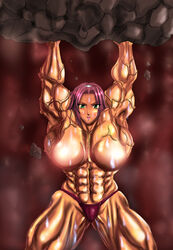 abs breasts extreme_muscles female female_only green_eyes hands_over_head highres human lifting muscle muscles muscular naruto no_bra nude s20k00y sakura_haruno solo straight_hair topless veins