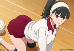 1girl 1girls absurd_res ai_assisted ai_generated anime ass ass_focus bent_over black_hair black_knee_pads blush boobs breasts bubble_butt butt butt_focus clothed curvaceous curvy curvy_figure gold_earring gym gym_class gymnasium headband high_resolution highres hourglass_figure huge_ass huge_butt indoors knee_pads light-skinned_female looking_back on_knees patreon patreon_logo patreon_username ponytail red_collar red_eyes red_shorts smile solo solo_focus sports_uniform spy_x_family suggestive_pose thick_thighs thighs volleyball volleyball_uniform white_headband white_shirt wide_hips wooden_floor yor_forger