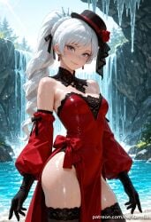1girl ai_generated artist_name bare_shoulders black_gloves black_headwear black_ribbon black_thighhighs blue_eyes blush breasts cleavage closed_mouth covered_navel cowboy_shot day detached_collar detached_sleeves dress earrings flower gloves hat hat_flower jewelry kermixx lace_trim long_hair long_sleeves looking_at_viewer medium_breasts outdoors patreon_username pelvic_curtain ponytail red_dress ribbon rwby scar scar_across_eye scar_on_face shiny_skin smile solo strapless strapless_dress thighhighs thighs water waterfall web_address weiss_schnee wet wet_clothes white_hair