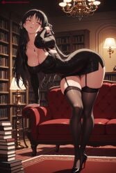 1girl ai_generated bangs black_dress black_footwear black_hair black_legwear bookshelf breasts classroom_of_the_elite cleavage dress full_body garter_straps hi_res high_heels high_quality high_resolution horikita_suzune indoors jewelry kiraamane large_breasts long_hair looking_at_viewer necklace patreon red_eyes seductive sexy solo standing thighhighs thighs uncensored watermark