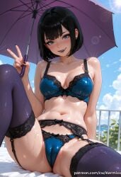 1girl ai_generated artist_name bare_shoulders black_garter_belt black_hair black_lips black_nails blue_bra blue_eyes blue_panties blue_sky blush bob_cut bow_bra bra breasts cameltoe cleavage cloud collarbone day earrings eyeshadow garter_belt holding holding_umbrella hotel_transylvania jewelry kermixx knee_up lens_flare lingerie lips lipstick looking_at_viewer makeup mavis_dracula medium_breasts nail_polish navel outdoors panties parted_lips patreon_username piercing purple_thighhighs short_hair sitting sky smile solo spread_legs stomach sun sweat thighhighs thighs umbrella underwear underwear_only v wet
