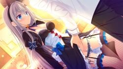 1boy 1girl animal_ears black_pants black_skirt blue_bow blue_eyes bow breasts buttons choker cleavage closed_mouth clothes_grab clothes_lift da_capo da_capo_iv detached_sleeves dutch_angle evening fake_animal_ears fake_tail fingering fishnet_pantyhose fishnets frilled_skirt frills from_behind game_asset garter_straps grabbing_another's_skirt grey_hair hair_bow hair_ornament heart_button highres indoors jacket juliet_sleeves long_hair long_sleeves mole mole_on_thigh non-web_source official_art panties pants panty_pull pantyhose puffy_sleeves pussy_juice rabbit_ears rabbit_tail sagisawa_arisu school_uniform shirt skirt skirt_lift standing strapless tail tanihara_natsuki tokisaka_ichito tube_top two-tone_shirt underwear very_long_hair white_jacket white_shirt
