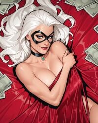 1girls ai_generated bed black_cat_(marvel) choker felicia_hardy female female_only long_hair marvel marvel_comics money on_bed spider-man_(series) tagme white_hair