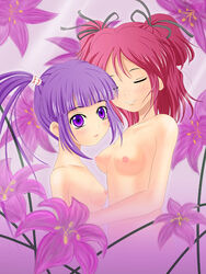 2girls bare_shoulders blush breasts cheria_barnes closed_eyes female flower hug multiple_girls nipples nude pink_hair ponytail purple_eyes purple_hair side_ponytail sofie_(tales_of_graces) tales_of_(series) tales_of_graces tied_hair yuri