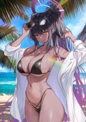 1girl absurdres beach bikini black_bikini black_hair blue_archive breasts cleavage dark-skinned_female dark_skin eyewear_on_head gradient_hair halo highres karin_(blue_archive) large_breasts long_hair looking_at_viewer multicolored_hair navel ocean ponytail purple_hair purple_halo shirt sideboob solo stomach sunglasses swimsuit two-tone_hair underboob very_long_hair white_shirt yellow_eyes