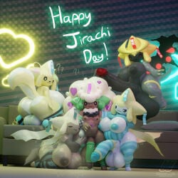 3d 3d_(artwork) 5girls anthro anthropomorphic balls ballsack big_boobs big_breasts big_cock big_dick big_penis boobs breasts cock dick female giratina jirachi jirachi_day legendary_pokemon male milkyeightysix mythical_pokemon naked naked_female naked_male nipples nsfw nude nude_female nude_male penis pokegal pokegirl_as_pokemon pokemon pokemon_(species) pokemorph sexy tits whimsicott wings