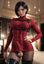 1futa abs ada_wong ada_wong_(adriana) ai_generated balls black_hair breasts brown_eyes bulge bulge_through_clothing erection erection_under_clothes fit fit_futa futanari penis resident_evil resident_evil_4 resident_evil_4_remake short_hair sparcy testicles
