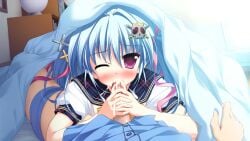 1boy 1girl blanket_veil blue_hair blue_pajamas blush bow buttons collarbone cum cum_in_mouth ejaculation game_asset grabbing_another's_penis hair_ornament hair_ribbon indoors long_hair looking_at_viewer luluna lying magical_marriage_lunatics!! non-web_source nose_blush official_art on_back on_bed one_eye_closed pajamas plaid_clothes plaid_sailor_collar purple_eyes ribbon sailor_collar sakurasaka_tsuchiyu shirt short_sleeves skirt skull striped_clothes twintails two-tone_shirt visual_novel_cg white_shirt