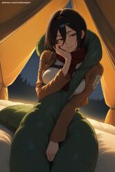 1girl ai_generated artist_name attack_on_titan between_breasts black_hair breasts hair_between_eyes hi_res high_quality high_resolution jacket large_breasts looking_at_viewer mikasa_ackerman patreon red_scarf scarf seductive sexy short_hair sitting smile solo uncensored watermark