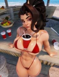 1girls 3d absurd_res beach big_breasts bikini breast_squish breasts cup_between_breasts female female_only hi_res highres micro_bikini nemesis_3d overwatch pubic_hair shiny_skin standing vendetta