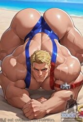 ai_generated beach beach_background big_ass big_ass_(male) bitch_male blonde_hair blue_eyes captain_america captain_america_(marvel_rivals) gay male_ass male_bitch male_only male_slut marvel marvel_rivals masculine_bottom muscular_bottom solo swimwear zodoai