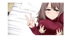 1boy 1girl age_difference arm_up blush bob_cut border breasts brown_eyes brown_hair closed_mouth from_above futon game_asset grabbing_another's_breast grabbing_from_behind groping hair_between_eyes half-closed_eyes hand_up hetero ikeda_(kasutera) indoors large_breasts non-web_source official_art onee-shota outstretched_arm pillow raised_inner_eyebrows self-datamine selfie shizuku_(summer_memories) smile sweater tatami transparent_border turtleneck turtleneck_sweater upper_body v variant_set winter_memories