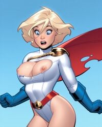 1girls ai_generated alien alien_girl alien_humanoid areolae big_breasts blonde_hair blue_eyes breasts dc dc_comics female female_only kryptonian nipples power_girl short_hair solo solo_female superhero superheroine superman_(series) surprised surprised_expression tagme wardrobe_malfunction