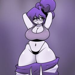 1girls 2026 arms_behind_head arms_up bikini bikini_bottom breasts circular_glasses croptop fanart fanart_from_twitter female female_only garlan_(haxxar) glasses oc original_character purple_hair thighs