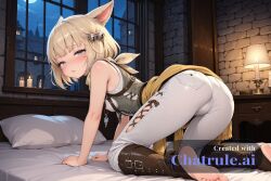 1girl ai_assisted ai_generated all_fours anime_screenshot avatar_(ff14) barefoot blonde_hair candle_light candles cat_ears covered_erect_nipples dark_room ffxiv hair_bell half_closed_eyes highres hotel_room indoor knee_boots leotard looking_at_viewer looking_back_at_viewer night on_all_fours on_bed parted_lips pendant short_hair short_pants short_stack shy small_ass small_breasts soles solo viewed_from_behind white_pants window yellow_scarf